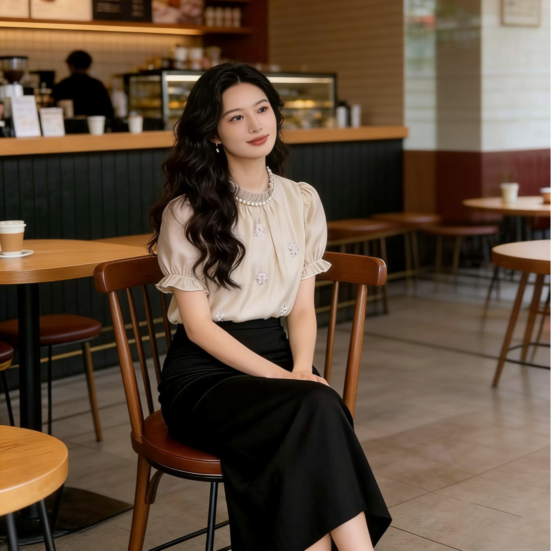 실사 유럽 주 역 프릴 스탠드 칼라 비즈 박기 3 차원 꽃 자수 품격 다용도 주간 실크 맨위 거품 소매