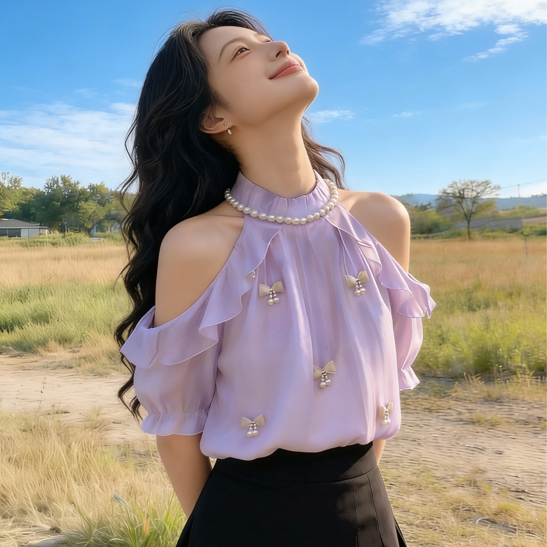 yoli 장 宥 이익 깨진 진주 보라색 3 차원 꽃 맨위 여성 달콤한 스타일 절묘한 행침 목 작은 셔츠