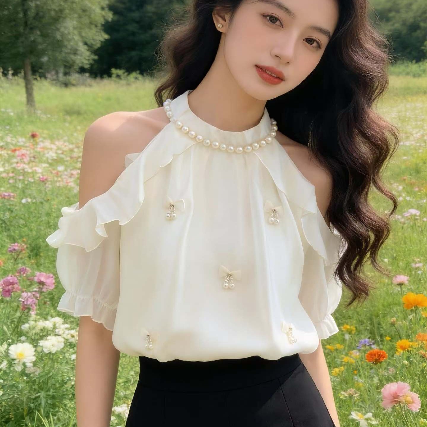 실사 고급 센스 명문 여성 외출용 작은 샤넬 스타일 맨위 여성 여름 새로운 공예 비즈 박기 슬림해 보이는 행침 목 셔츠