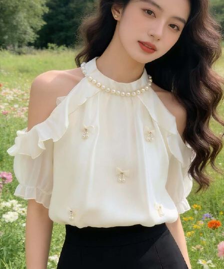 실사 고급 센스 명문 여성 외출용 작은 샤넬 스타일 맨위 여성 여름 새로운 공예 비즈 박기 슬림해 보이는 행침 목 셔츠