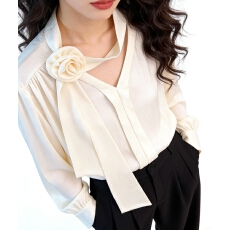 批发知性风杏色立体花朵飘带<b class='q'>衬衫</b>长袖女2026春季新款<b class='q'>职业</b>通勤百搭上衣