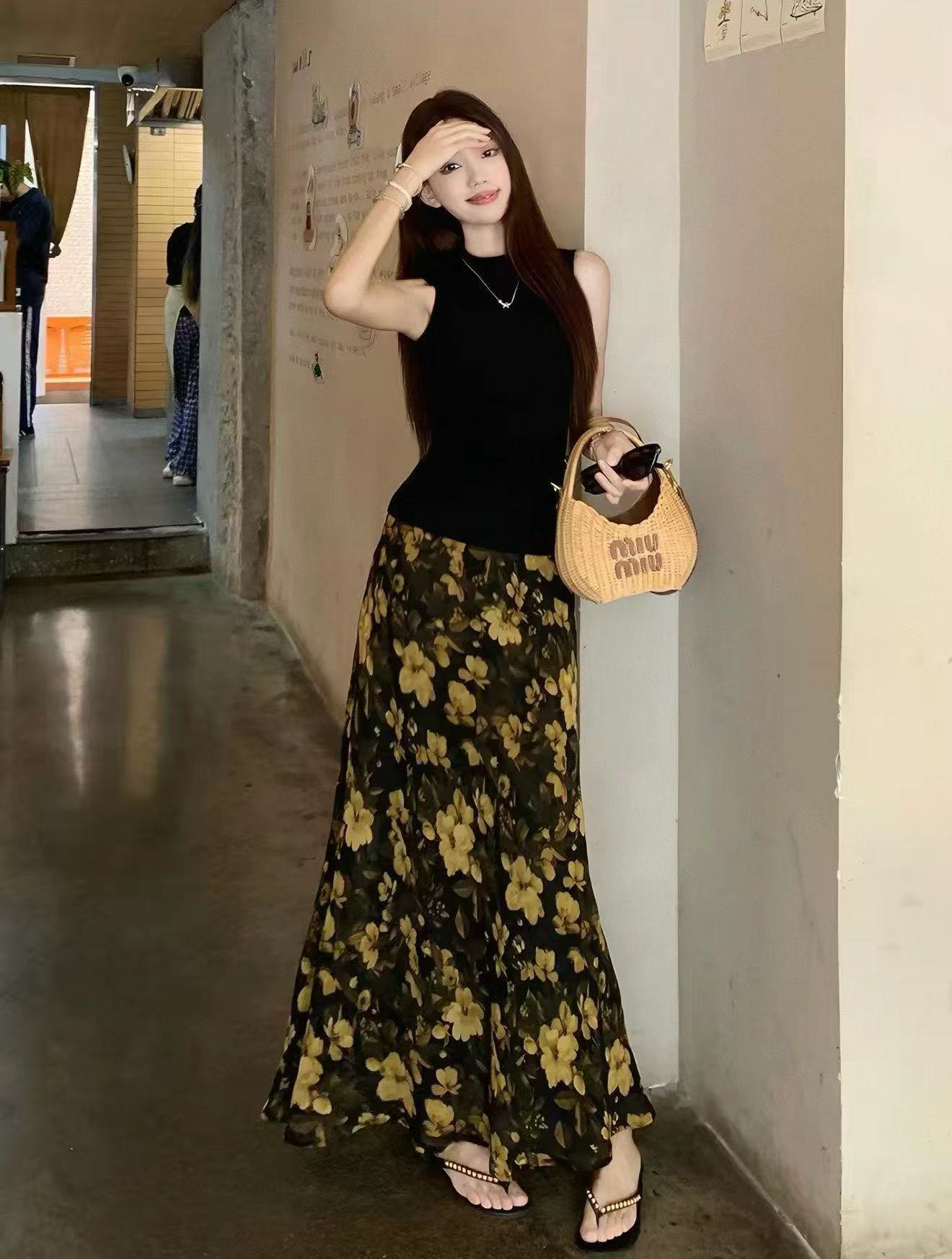 일본과 한국 부서 레트로 핑크색 작은 꽃무늬 망사 인어 꼬리 반신 스커트 여성 여름 휴가 바람 프린트 타이트 스커트 한 마디 치마