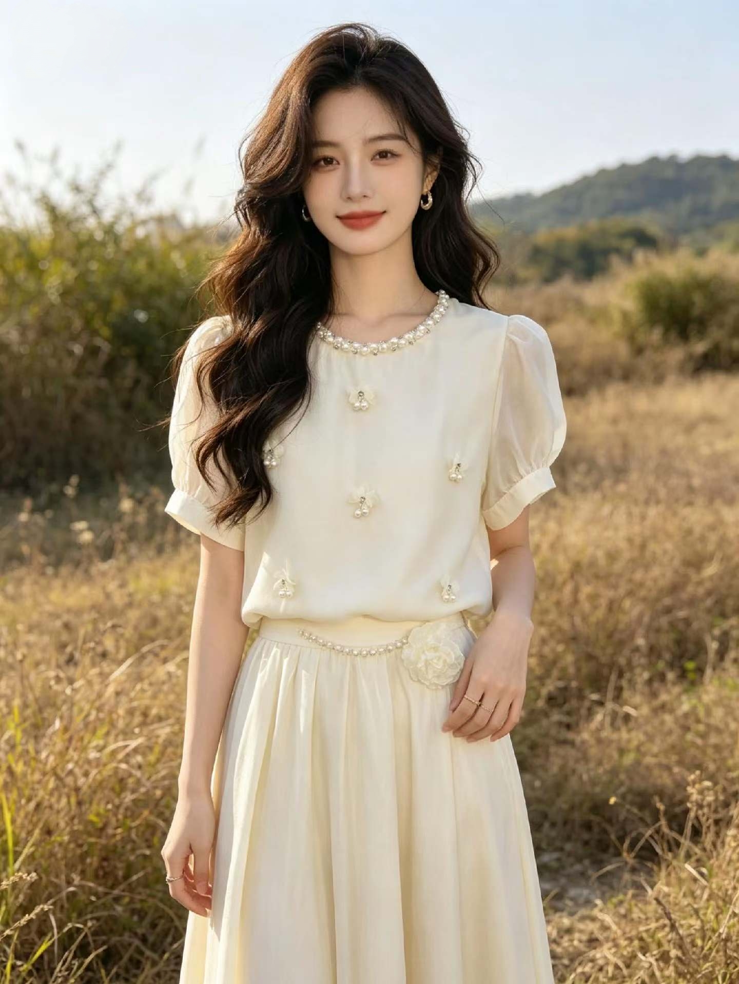 2026 년 여름 새로운 출퇴근 바람 거품 소매 진주 스탠드 칼라 셔츠 3 차원 꽃 디자인 센스 작은 대중 맨위