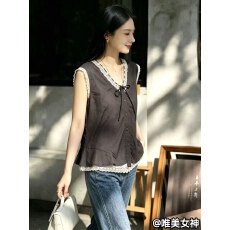 批发法式复古提花色织拼接花边无袖上衣女夏季新款设计感宽松显瘦背心