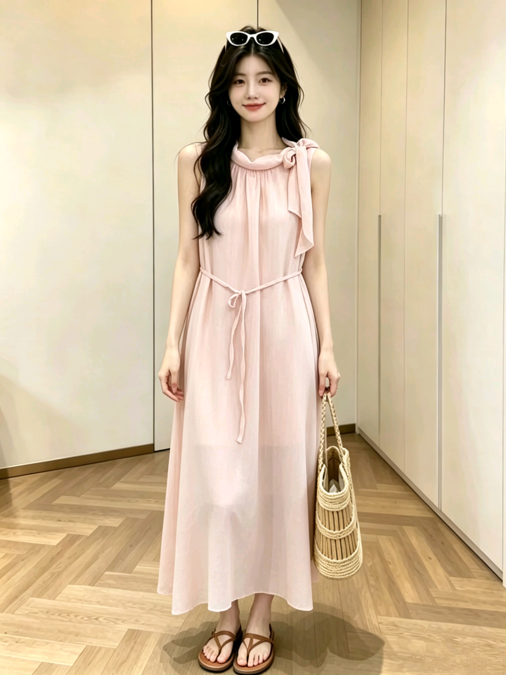 프랑스식 민소매 조끼 여성 드레스 2026 년 여름 새로운 고급 센스 허리 수축 슬림해 보이는 중간 길이 휴가 치마