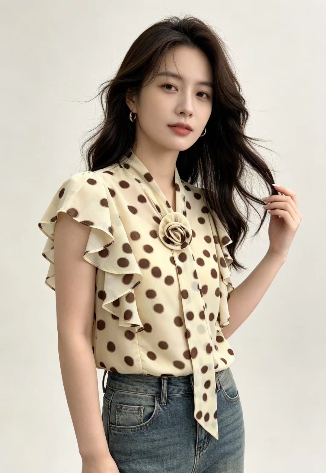 프랑스식 프릴 도트 무늬 작은 날다 소매 시폰 셔츠 여성 여름 새로운 디자인 센스 작은 대중 고유 한 아름다운 작은 셔츠 맨위