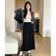 批发毛呢压褶直筒裙中长裙半身裙子女秋冬后开叉时尚百搭松紧腰百褶裙
