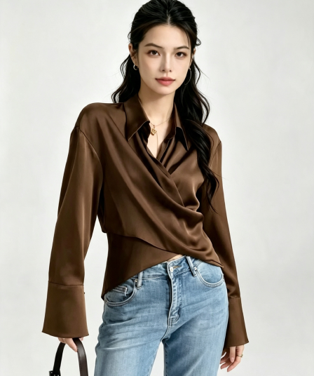 2026 가을 로얄 자매 세로 방향의 즐기십시오 실크 미끄러짐 새틴 십자가 셔츠 오픈 가디건 여성 세련된 레이스업 폴로 칼라 셔츠 작은 대중 섹션