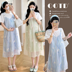 批发实拍 韩版时尚夏季<b class='q'>孕妇装</b>韩版拼接<b class='q'>T</b><b class='q'>恤</b>拼接雪纺刺绣假两件连衣裙潮