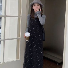批发孕妇秋冬新款套装百搭波点背心连衣裙两件套显瘦打底上衣整套穿搭