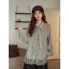 孕妇装蕾丝拼接条纹衬衫女今年流行新款长袖宽松显瘦设计感上衣潮