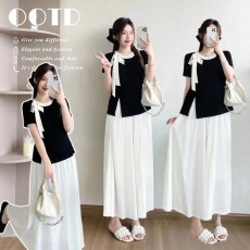 批发法式圆领蝴蝶结开叉短袖上衣+半裙显瘦气质日韩<b class='q'>春</b>夏新款套装