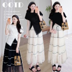 实拍不规则短袖上衣法式蕾丝半身群减龄气质撞色a字蛋糕裙网红裙