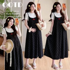 孕妇夏装连衣裙套装时尚波点吊带长裙孕妈外出宽松可爱显瘦两件套