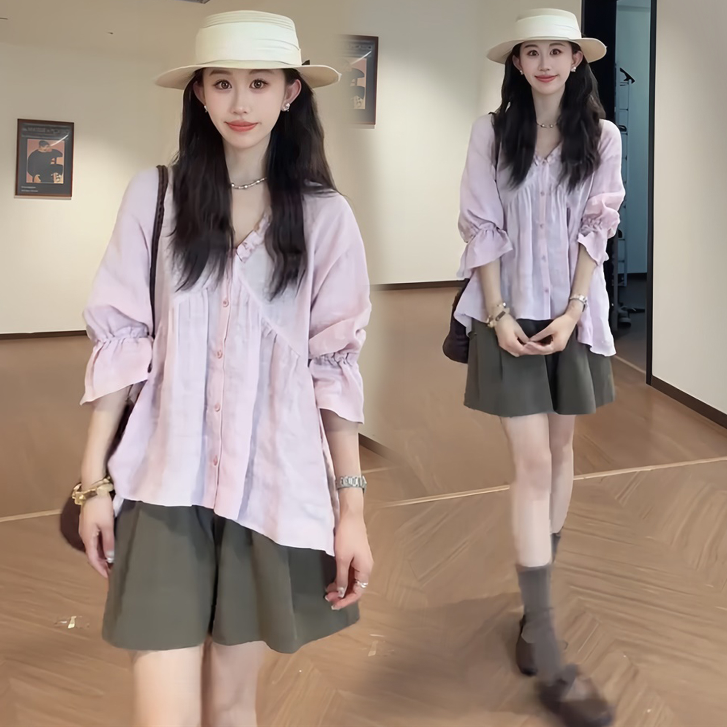 2026 여름 출산 착용 패션 연령 감소 루즈핏 다용도 V 넥 셔츠 하이웨이스트 넓은 다리가 짧다. 바지 투피스 세트