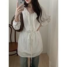 批发有货 东大门新款纯色荷叶边设计感抽绳<b class='q'>收腰</b>显瘦<b class='q'>连衣裙</b>