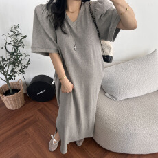 批发有货 韩版泡泡袖V领长款显瘦开叉连衣裙