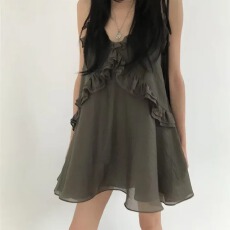 批发韩国ins<b class='q'>双层</b>花边清透<b class='q'>雪纺</b>吊带连衣裙26夏季新品小个子气质显瘦裙