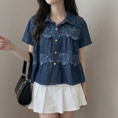 批发有货 chic 法式双层蕾丝 <b class='q'>娃娃领</b> 牛仔<b class='q'>衬衫</b>