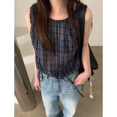 批发有货 韩国格子无袖衬衫女夏季甜美气质抽绳收腰显瘦圆领短款背心