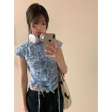 批发有货2026年夏法式时髦少女格纹衬衫女季短款抽绳修身花边短袖上衣