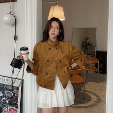 现 鹿皮绒复古立领夹克外套 韩版chic 时尚设计感 大码女