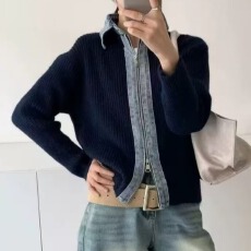 批发有货 韩国 牛仔拼毛衣开衫女秋冬宽松<b class='q'>外套</b>洋气百搭<b class='q'>时尚</b>女装上衣