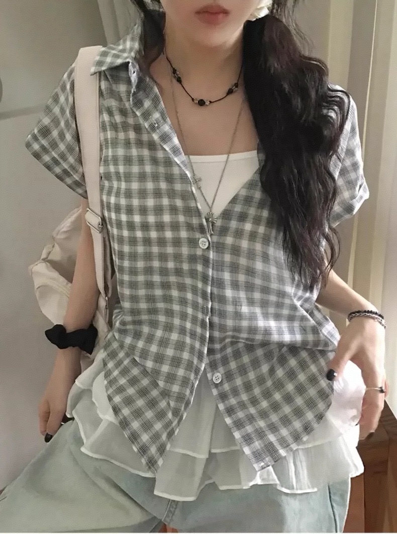 韩国chic经典小众减龄上衣格子短袖翻领中长款轻薄衬衫女