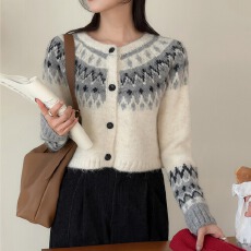 批发秋冬北欧复古费尔岛<b class='q'>短</b>款毛衣开衫针织<b class='q'>外套女</b>内搭外穿显瘦慵懒上衣