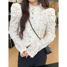 批发韩版新法式小香风单排扣立领镂空勾花泡泡袖<b class='q'>蕾丝</b>衫长袖打底衫上衣