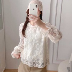 批发<b class='q'>韩国</b>新款法式轻奢蕾丝打底衫重工钉珠绣花村衫(有里村)气质长袖衫