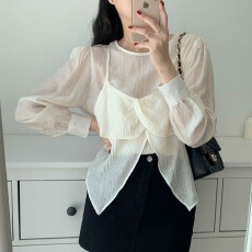 批发韩东大门法式长袖<b class='q'>雪纺</b>衬衫搭配花瓣边开叉小心机<b class='q'>吊带</b>背心两件套女