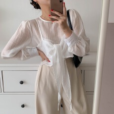 批发韩国东大门法式气质温柔甜美风蝴蝶结<b class='q'>吊带</b>两件套长袖<b class='q'>雪纺</b>衬衫上衣