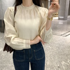 批发<b class='q'>韩版</b>春季新款chic蕾丝立领花边长袖<b class='q'>雪纺衫</b>蕾丝拼接袖口女士衬衫