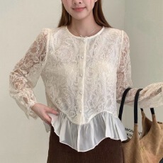批发<b class='q'>韩版</b>春季重工刺绣蕾丝下摆不规则网纱拼接<b class='q'>衬衫女</b>设计感修身显瘦衣