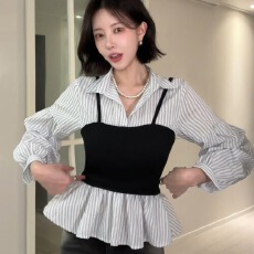 春季新款韩系条纹收腰显瘦假两件拼接衬衫女堆堆袖设计感上衣女