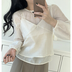 批发春季韩国东大门圆领长袖<b class='q'>雪纺</b>衬衫搭配性感V领小<b class='q'>吊带</b>背心两件套女