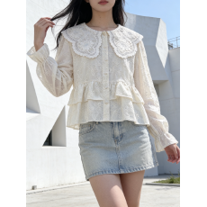 批发春季日系重工勾花刺绣蕾丝镂空娃娃领叠层长袖喇叭袖纯棉衬衫女