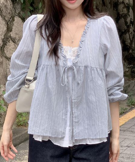 한 부서 봄 달콤함 페이크 레이어드 긴팔 프릴 긴팔 스트라이프 맨위 여성 루즈핏 슬림해 보이는 다용도 인형 셔츠