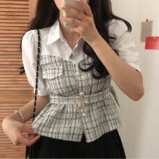批发<b class='q'>韩版</b>夏季时尚拼接假两件小香风腰带收腰珍珠扣外套短袖衬衫女