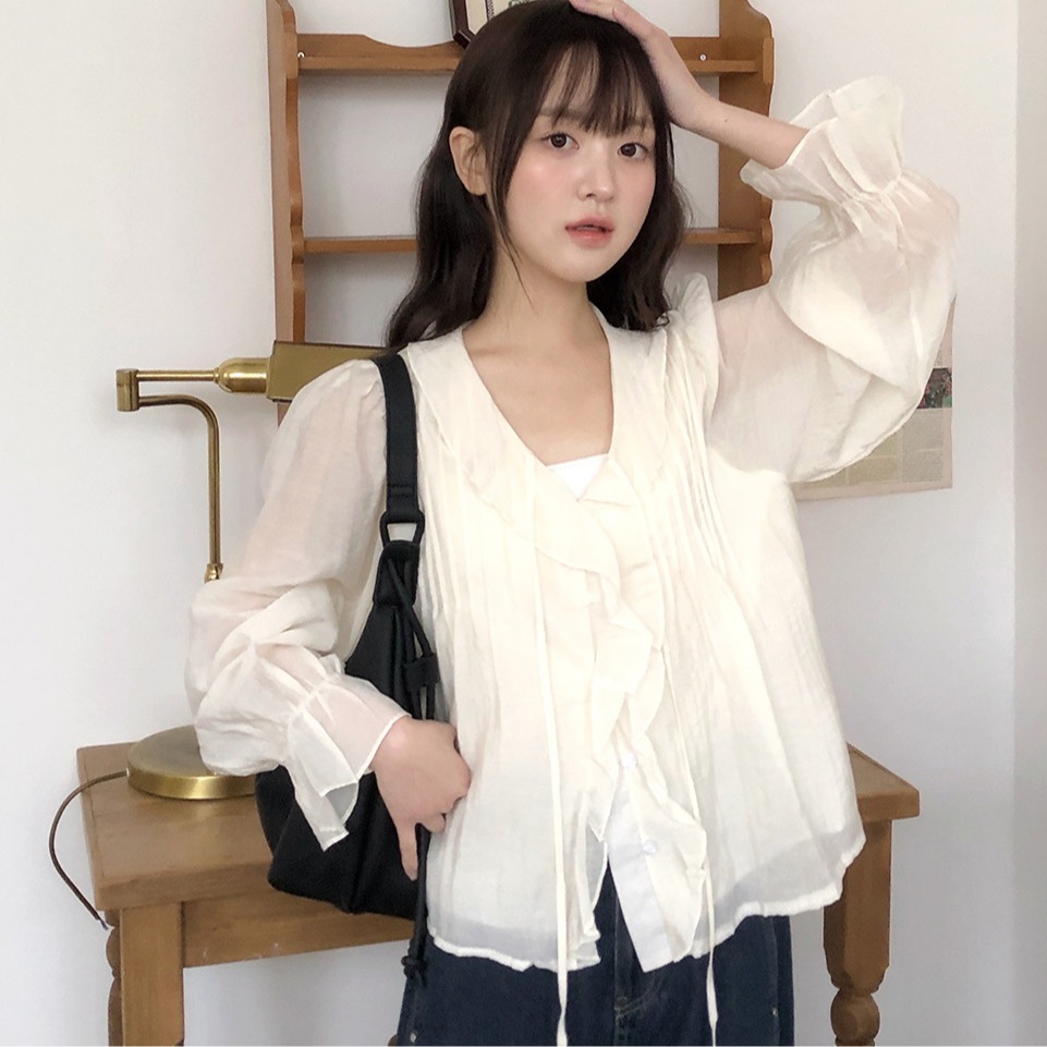 봄 여름 연령 감소 달콤한 스타일 무거운 작업 플리츠 프릴 리본 얇은 스타일 여성 셔츠 루즈핏 다용도 나팔 소매 맨위