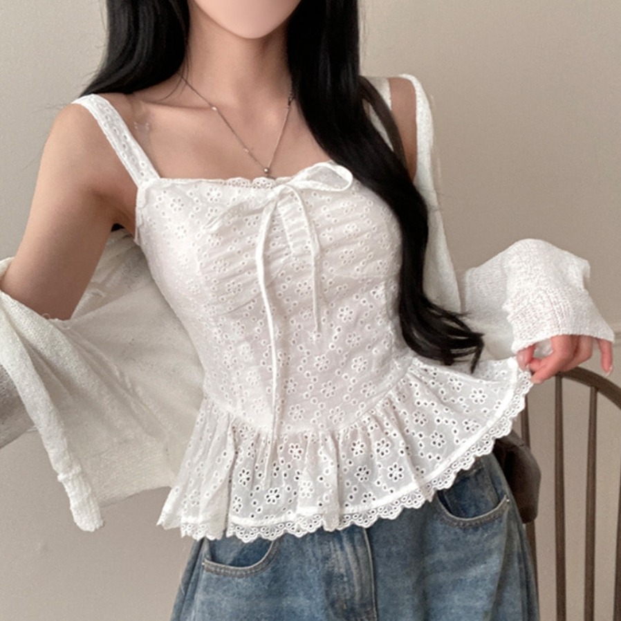 한국 동대문 여름 새로운 순수한 욕망 센스 달콤함 작은 대중 절묘한 홀로우 아웃 레이스 레이스 캐미솔