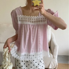 批发夏季时尚镂空刺绣拼接蕾丝方领减龄可爱娃娃衫短袖衬衣女