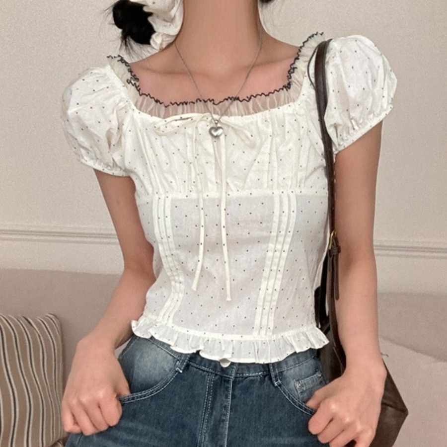 여름 프랑스식 달콤함 거품 소매 도트 무늬 레이스업 여성 셔츠 레이스 레이스 반팔 허리 수축 맨위 배당 서클
