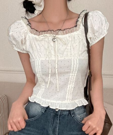 여름 프랑스식 달콤함 거품 소매 도트 무늬 레이스업 여성 셔츠 레이스 레이스 반팔 허리 수축 맨위 배당 서클