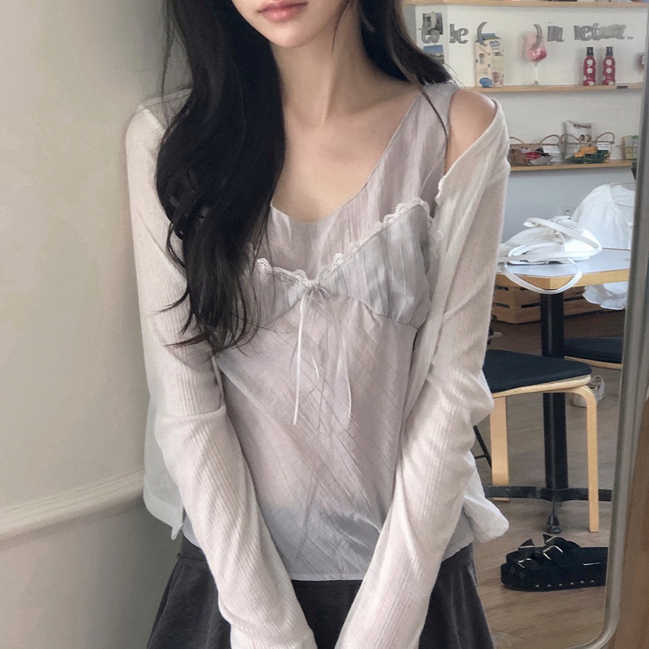 한국 동대문 여름 새로운 레이스 레이스 레이스업 주름 질감 슬립 외출용 페이크 레이어드 조끼 맨위 여성