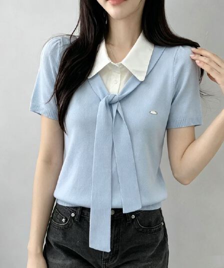 여름 새로운 페이크 레이어드 POLO 칼라 니트 반팔 디자인 센스 작은 대중 레이스업 나비 매듭 반팔 니트 스웨터 여성