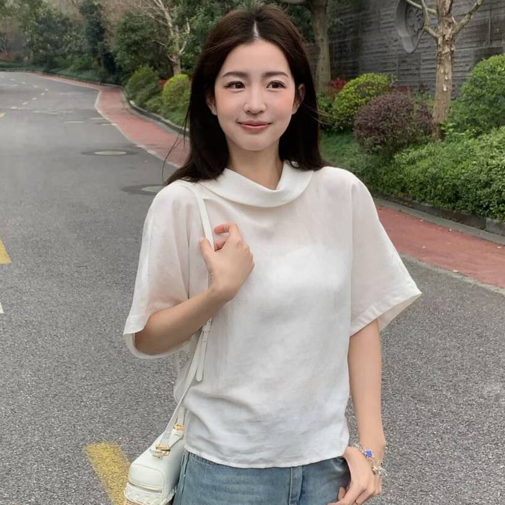 여름 한국 스타일 나비 넥타이 전후 둘 착용 목도리 반팔 셔츠 여성