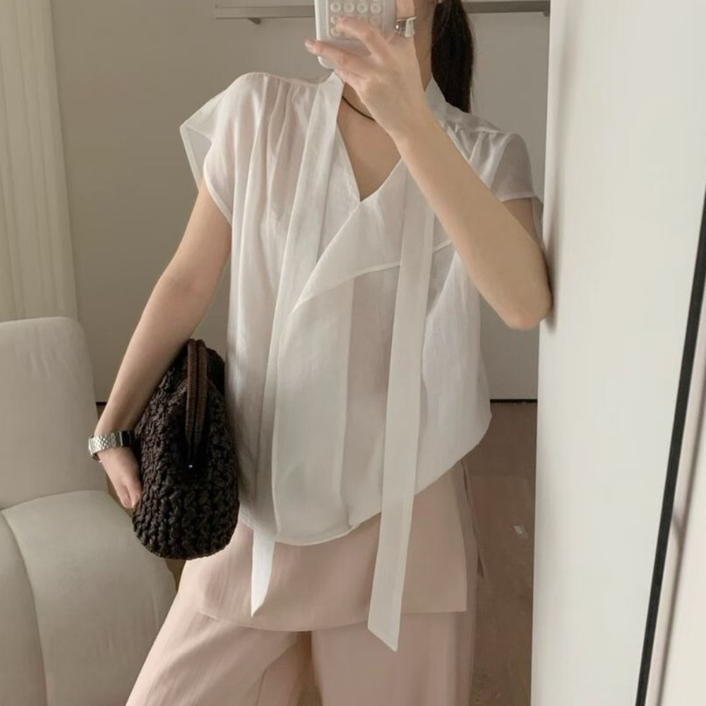 여름 한국 스타일 디자인 센스 리본 주름 다용도 Chic 셔츠 레트로 작은 대중 루즈핏 반팔 맨위 여성