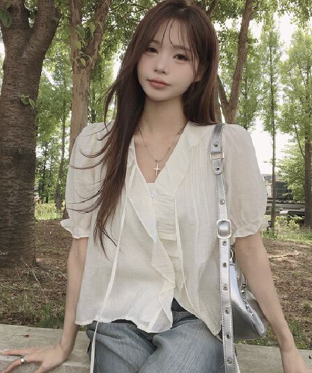 여름 프랑스식 달콤함 낭만주의 연령 감소 프릴 물결무늬 칼라 플리츠 레이스업 마이크로 ~을 통해 이중층 반팔 여성 셔츠